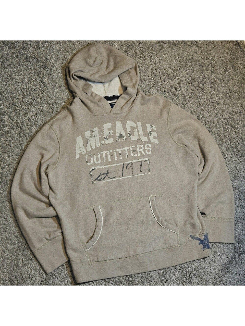 2000s American Eagle Beige Heavy Distressed Graphic Hoodie – Size Large